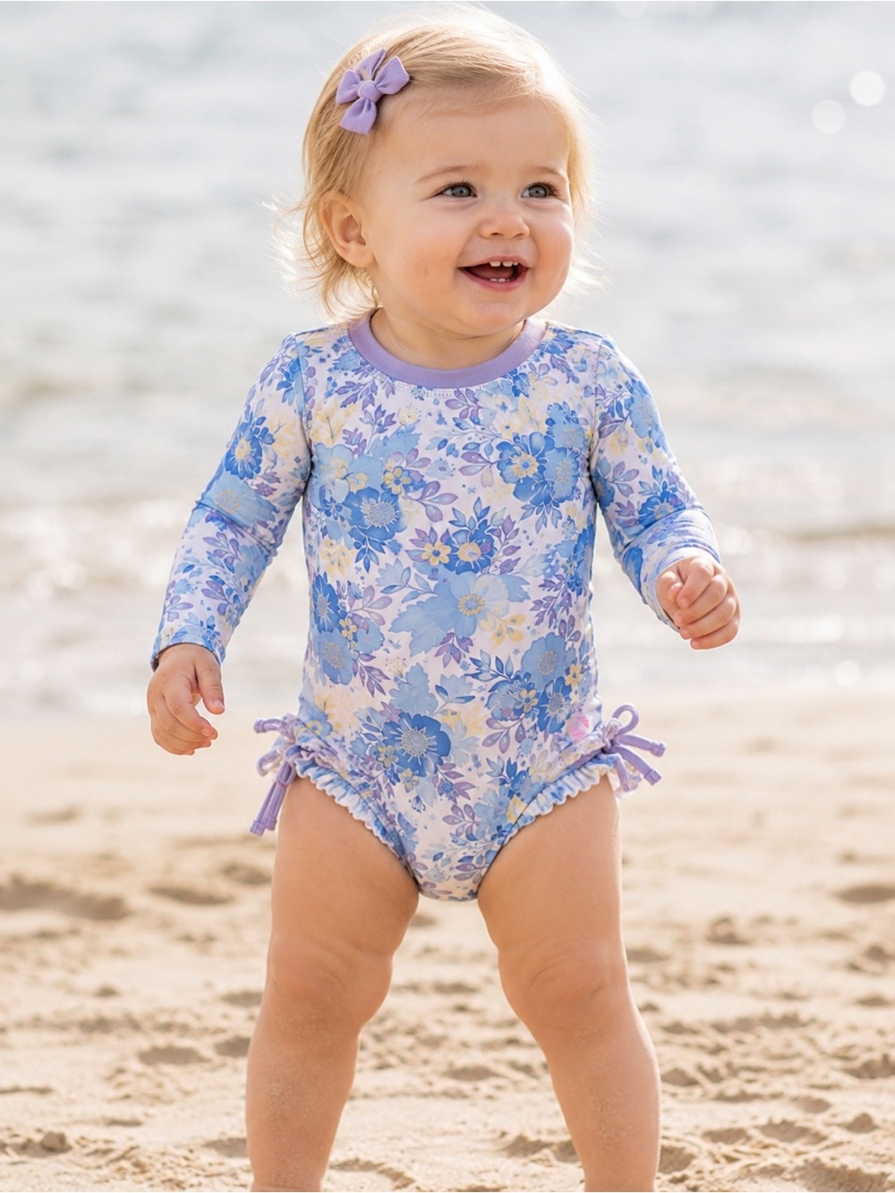 RuffleButts Baby Girls Floral Long Sleeve One Piece Swimsuit 6-12M